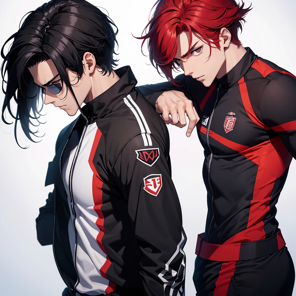 Two handsome boy glaring at eachother one with black hair and uniform and other with red hair in sport suit as they are rivals hense there's a tension between them . Everyone looking at them