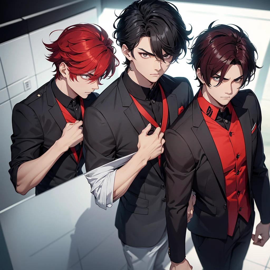 Two handsome boy glaring at eachother one with black hair and uniform and other with red hair in sport suit as they are rivals hense there's a tension between them . Everyone looking at them