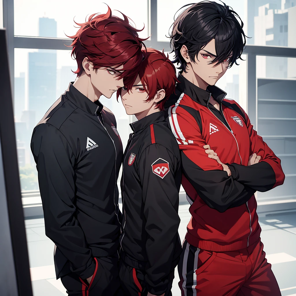Two handsome boy glaring at eachother one with black hair and uniform and other with red hair in sport suit as they are rivals hense there's a tension between them . Everyone looking at them