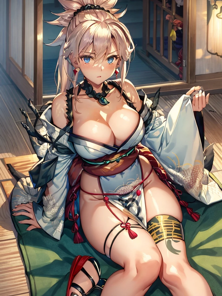 (Highly detailed CG), (Highest quality), Perfect Face, Glowing Skin, Shiny skin,Wide Hips,A girl with a small waist,独奏  、Musashi Miyamoto　Berserker, ,necklace, Swept-apart bangs, white kimono, sheath,Exposing shoulders, things,Blonde,Wide sleeves, 勾玉necklace, Black thighs,Obi sleeves,hair ornaments, Long Hair, sash, Asymmetrical Hair, Pink Hair,kimono, Earrings,jewelry, Cleavage, blue eyes, ponytail,kimono,Sandals, indoor, Sitting ,