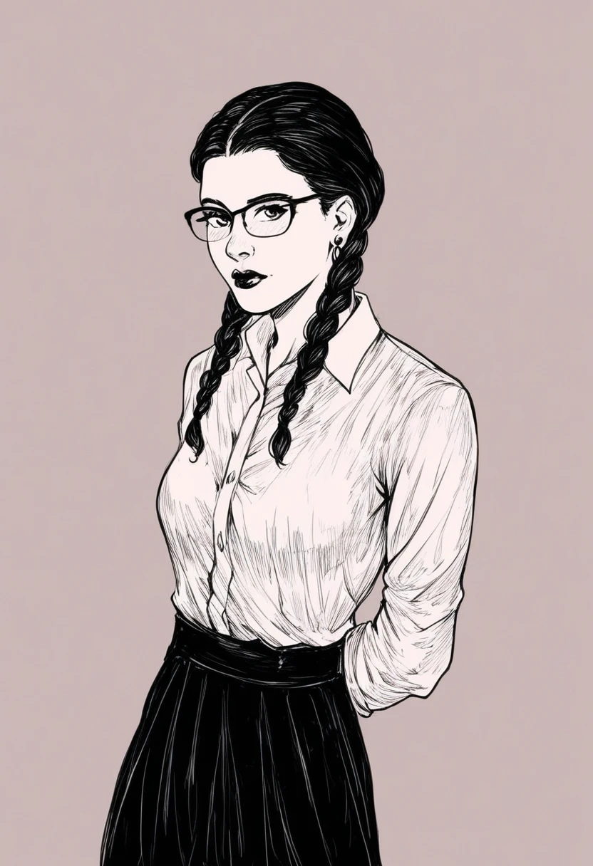 teenage, sp1t, monochrome, hatching shading, 1girl,solo,arm behind back,arms at sides,looking at viewer, standing,dark hair, braids,earrings,,glasses, collared shirt,long sleeves,black skirt, simple background, upper body,
