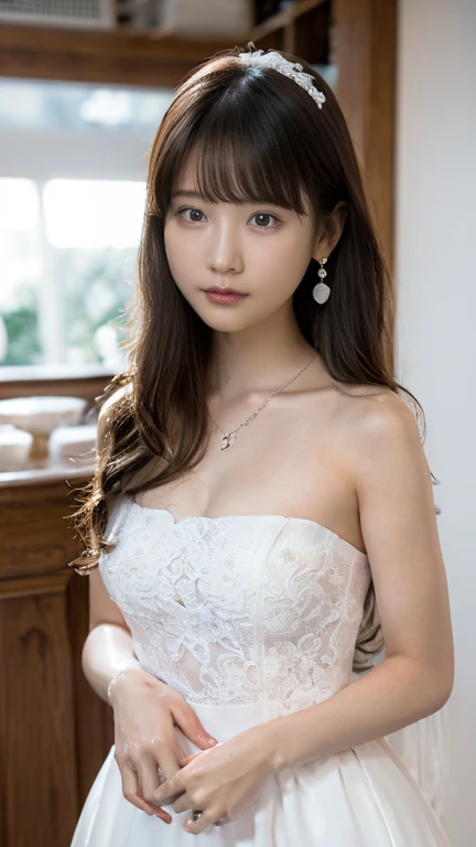 (((Pixel Perfect, Perfect detail))), alone, 1 girl, Close-up of a beautiful bride in a beautiful wedding dress,Gurwitz, (Bridal Veil:1.5),(transparent short veil:1.5),blush,eye shadow,Blushing,Flower head,(Tube Top Wedding Dresses:1.5),(Silk dress:1.2),(Strapless Wedding Dress:1.5),Pure white dress,necklace,Earrings, Medium chest:1.3),bangs,lipstick,(White long elbow gloves:1.4),Full Body Shot,High definition RAW color art,White long skirt,There is only one track in the whole body., 18-year-old, (Long twin tails:1.5),(Double Bang:1.5), Black Hair