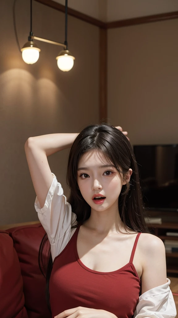 Best quality,Masterpiece,Ultra-high resolution,Photorealistic,RAW photo,Unity 8k wallpaper,vivd colour,Dynamic pose,Fashion,Living room,Upper body,a warm color palette,
1girll,elegant,3;, !!, Surprised, Open mouth, Struck dumb,