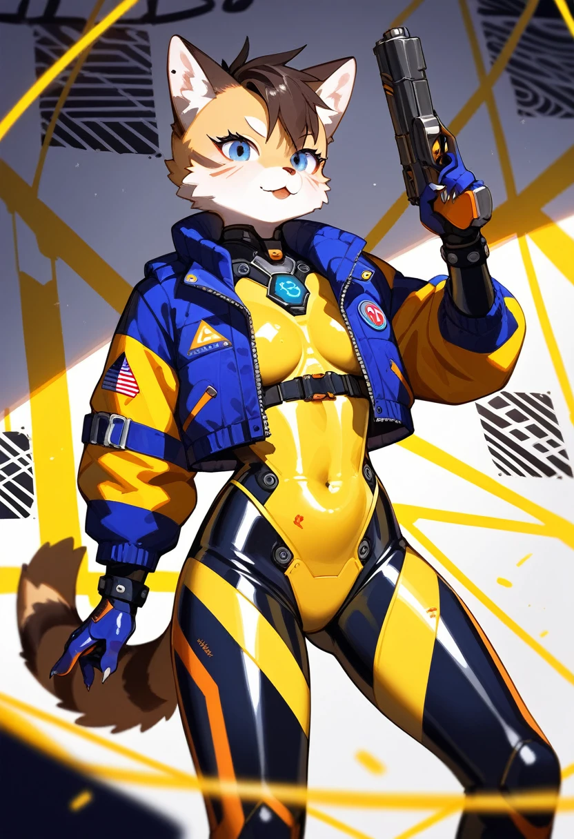 animation, Highest quality, Highest quality, High quality illustrations, masterpiece, Ultra-high resolution, Detailed Background, cyber cafe, Graffiti art on the wall, Absurd, Perfect Anatomy, performance, Good lighting, Shadows in the movies(kemono, Furry PersonifiCation), Cat, Blueskin, Yellow Rubber Suit, latex, neon, neonライト, neonカラー, Bodysuits, Cyber Suit, Mech Suit, Rubber Half Jacket, cyber punk, Holding a gun
