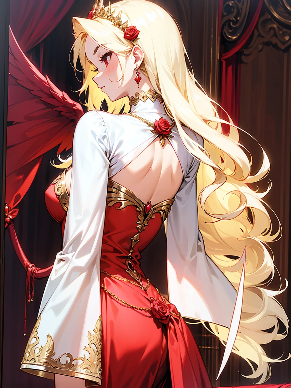 Add in roses to her dress, a good back dress design with some golden jewelry, make her dress into a red and white gown with a hat, give her some unique Jewelry, and make her look somewhat of a demonic angel like appearance to her