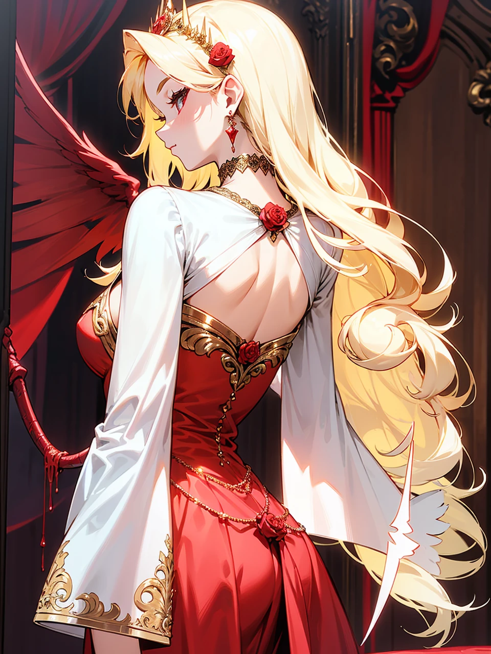 Add in roses to her dress, a good back dress design with some golden jewelry, make her dress into a red and white gown with a hat, give her some unique Jewelry, and make her look somewhat of a demonic angel like appearance to her