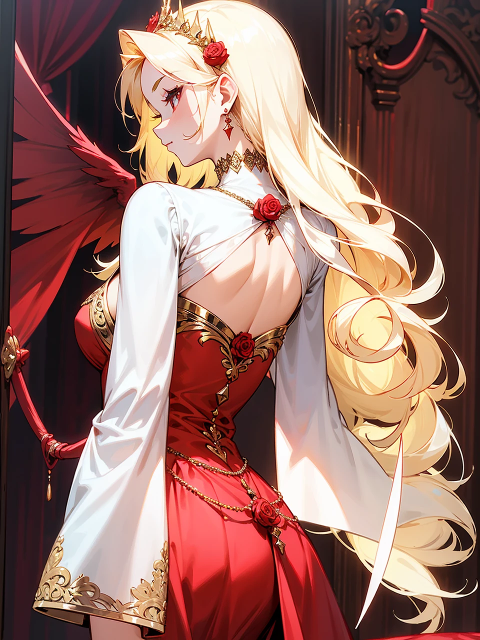 Add in roses to her dress, a good back dress design with some golden jewelry, make her dress into a red and white gown with a hat, give her some unique Jewelry, and make her look somewhat of a demonic angel like appearance to her