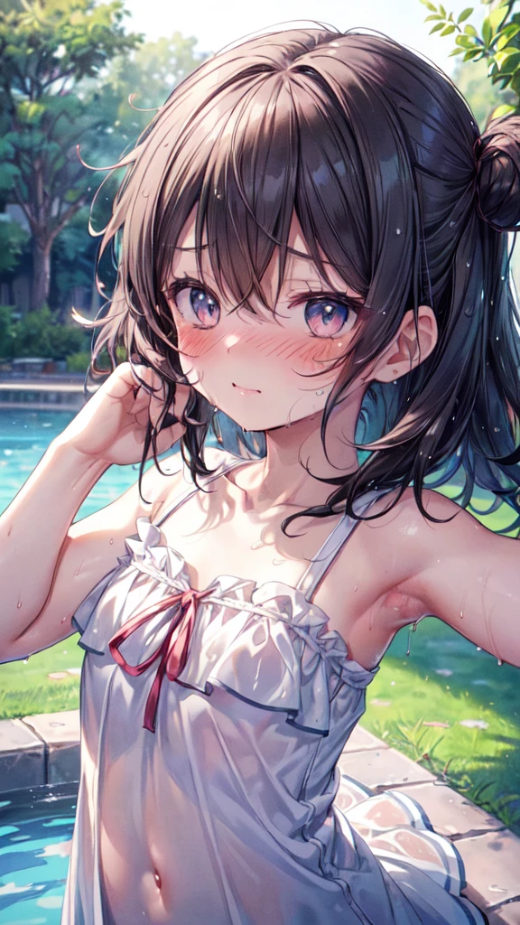 (Ultra-high resolution of the highest quality, masutepiece, Best Quality, 8K, Super Detail, Best Quality:1.3), (Anatomically correct:1.3), (1 Little Girl), (Child), (Loli), (infant), (Small body), (flat chest), (elementary school student), (blush face:1.6), short black wavy hair, bangs hair over eyes, (white camisole), in Park Fountain, funny smile, (wet:1.2), (beautiful hair, beautiful eyes, beautiful face) (face focus, human ear focus, clavicle focus, armpit focus), (face:1.6), from side