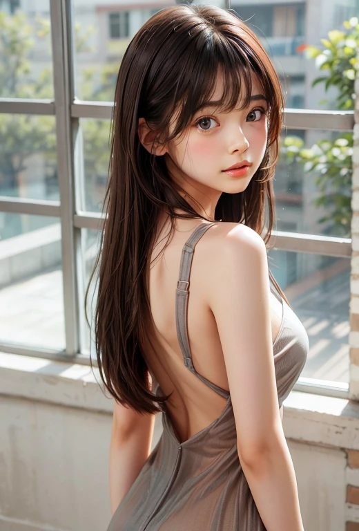 A girl, Solitary, Viewer, Brown long hair,Bangs , Wear a tight dress, Naked back see-through dress, big nipples,Brown eyes, Upper body photo, Gray background, ,Delicate face, purebred face_v1, Beautiful lips, King Reuters