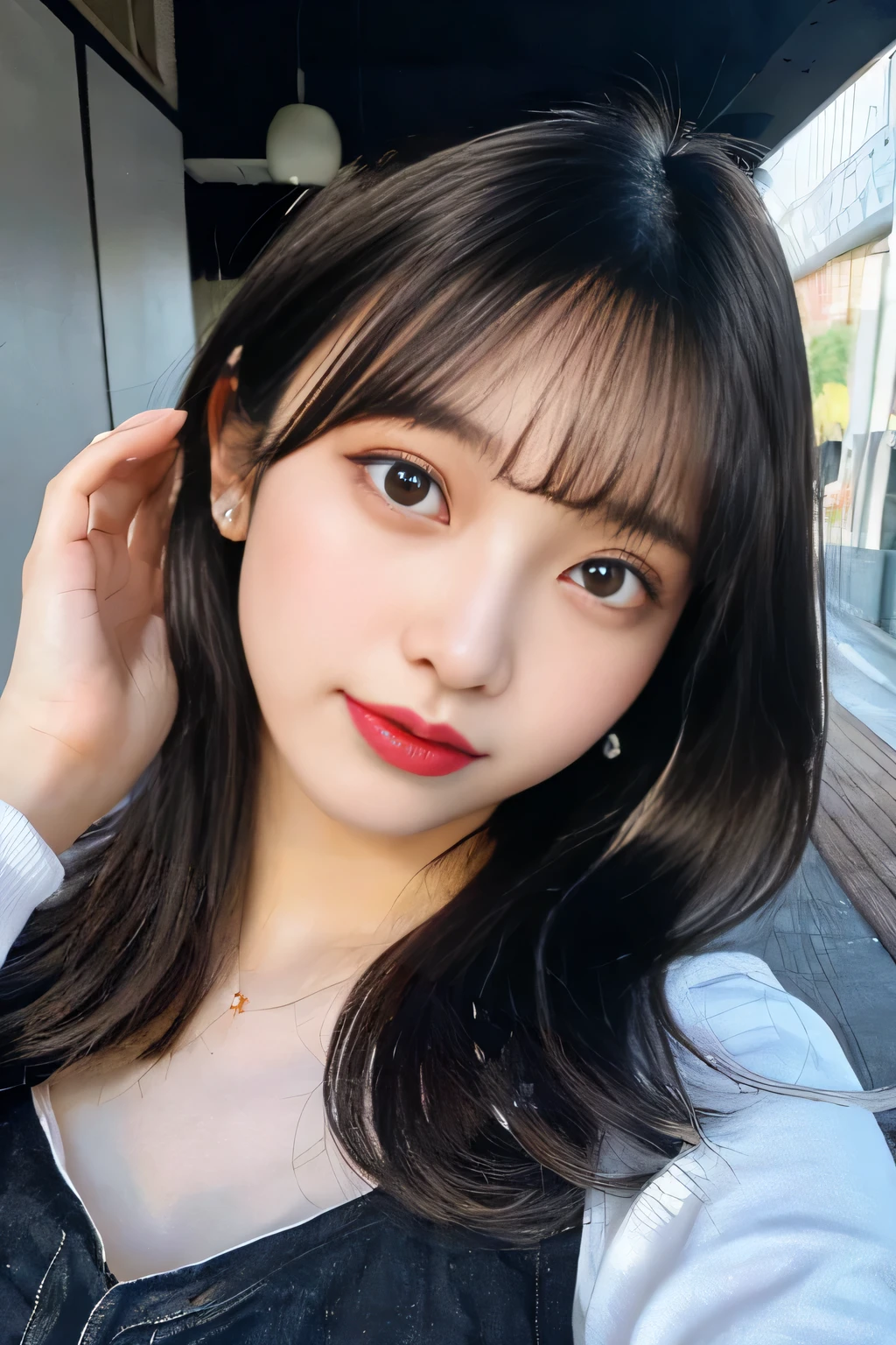High resolution、high resolution、Japanese women、High detail、Realistic Skin、Selfie Photos、20-year-old、Long black hair、bangs、Whole body image、Pink Lipstick、White skin、Big eyes、Small 、Tops that reveal breaststight tops、Denim pants