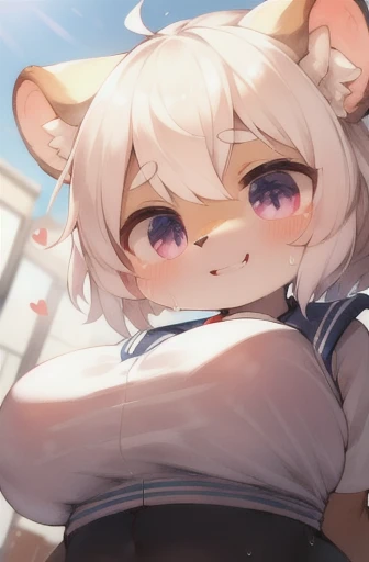 (furry:1.5)(hi res), ((masterpiece)),((best quality)),breast,anime,(finely detailed face:1.4),curvy,(plump),tanuki,round face,young,black fur,clothes,heart,((((yandere)))),smile,sweaty,backlighting,crazy eye,low angle,jitome,short hair,(bushy tail),white hair,(Fluffy fur:1.4),(white fur),((sailor)),big breast,breast focus,,(school vest)