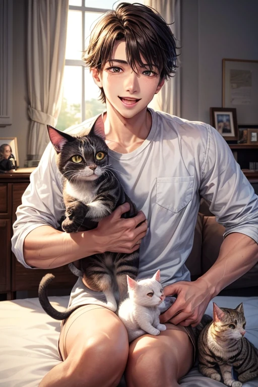 One young man and three little cats,Three cats,A young man surrounded by little cats,A refreshing young man,Amazingly gentle smile,Mouth wide open,Cat smiles too,In the room,On the bed