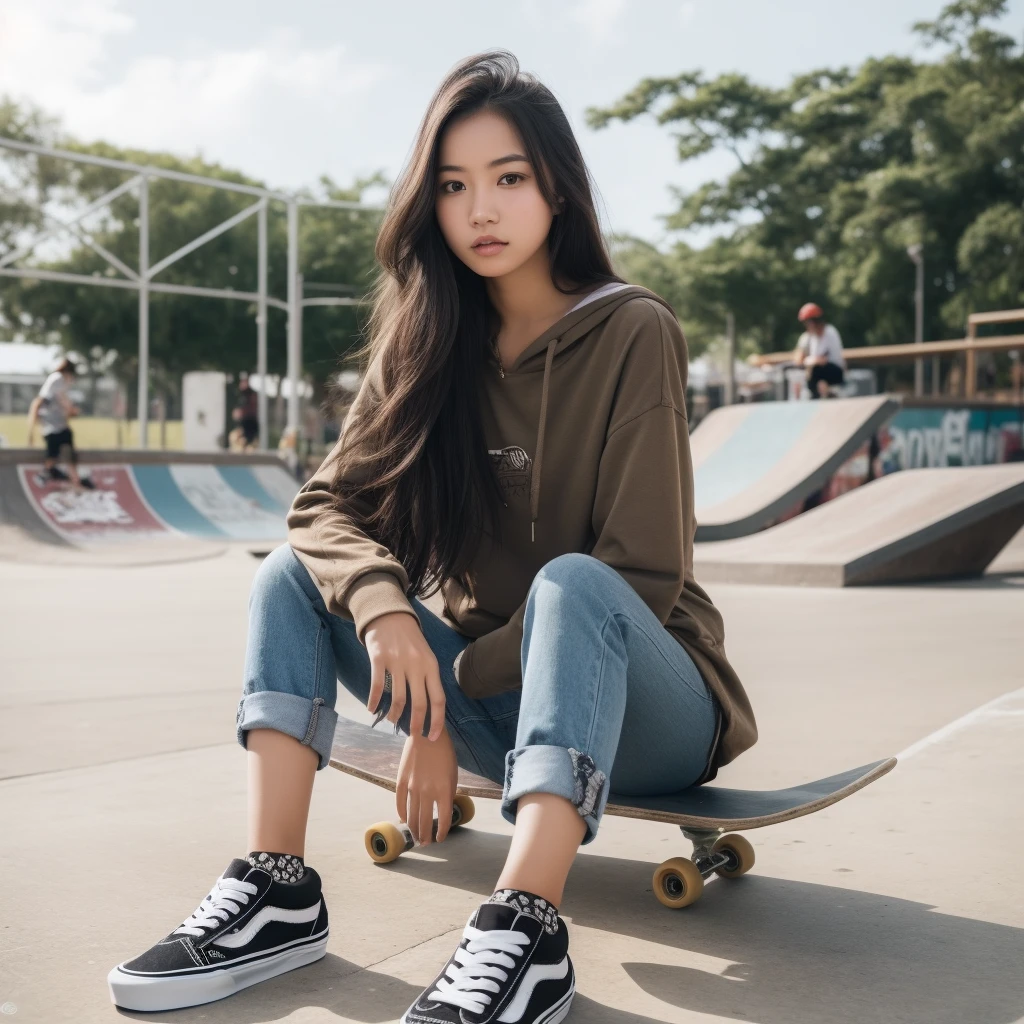 A beautiful Indonesian woman aged 20 years, full body, is fashionable skateboarding, dressed casually, wearing Vans shoes, at the skateboard park, at noon, Background, very detailed 8k 