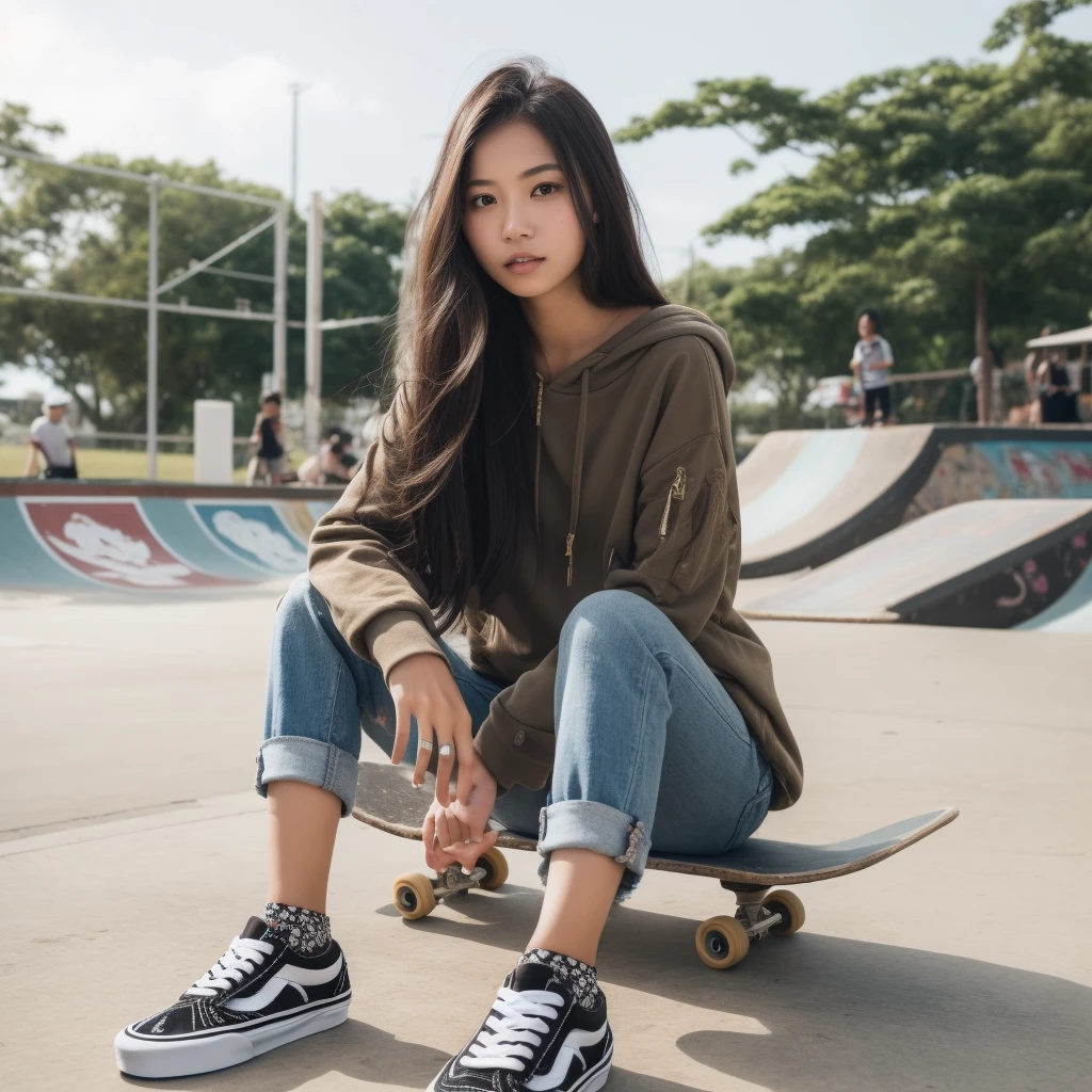 A beautiful Indonesian woman aged 20 years, full body, is fashionable skateboarding, dressed casually, wearing Vans shoes, at the skateboard park, at noon, Background, very detailed 8k