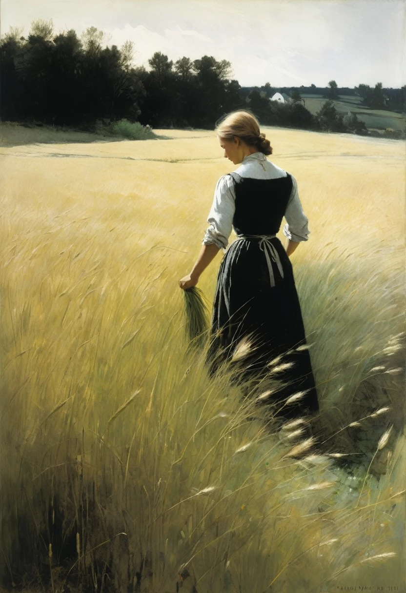 This Andrew Wyeth - The Art of Andrew Wyeth - features a muted floral palette and dry brush technique that creates a sense of calm. A field with young green wheat, along which a girl walks, touching the wheat with her hands. Dietary composition, ideal anatomy.
