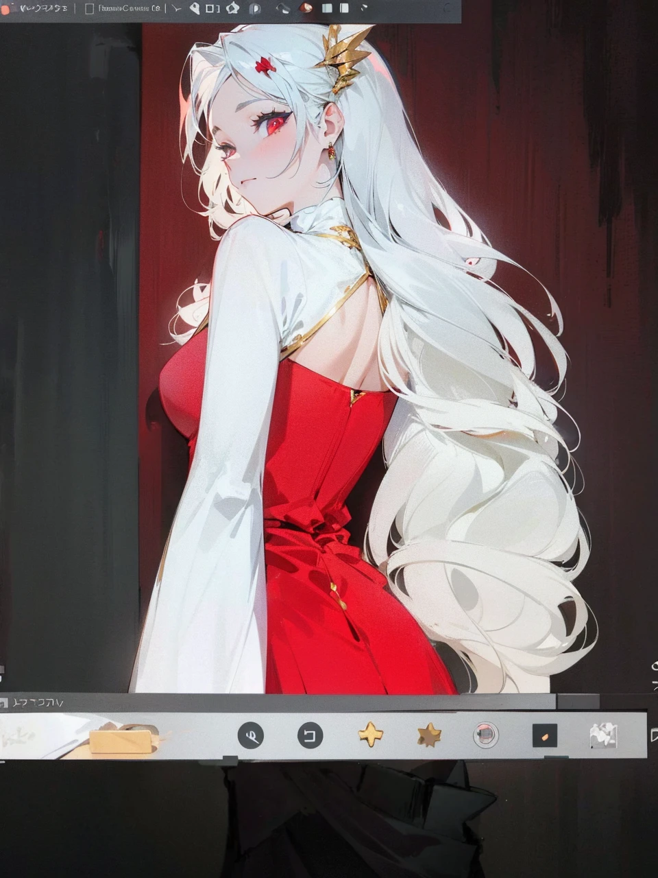 Add in roses to her dress, a good back dress design with some golden jewelry, make her dress into a red and white gown with a hat, give her some unique Jewelry, and make her look somewhat of a demonic angel like appearance to her