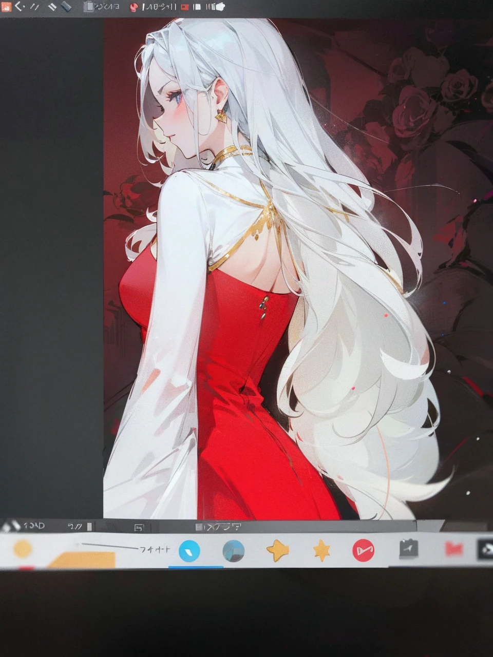 Add in roses to her dress, a good back dress design with some golden jewelry, make her dress into a red and white gown with a hat, give her some unique Jewelry, and make her look somewhat of a demonic angel like appearance to her