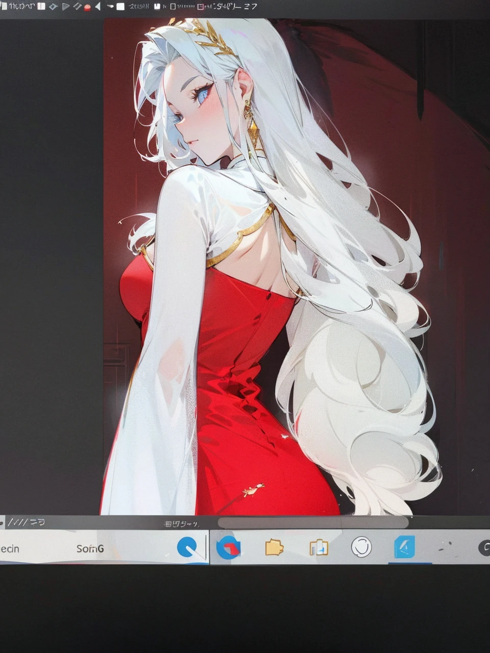 Add in roses to her dress, a good back dress design with some golden jewelry, make her dress into a red and white gown with a hat, give her some unique Jewelry, and make her look somewhat of a demonic angel like appearance to her