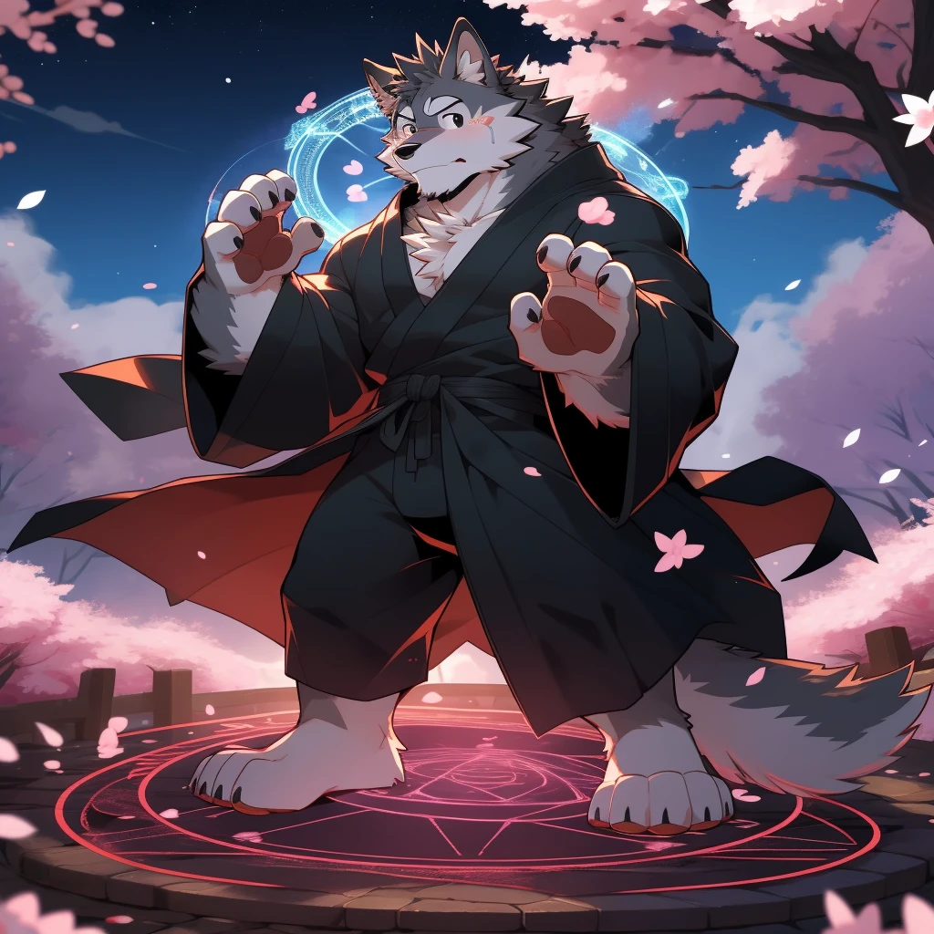 Scribble Wolf face,Cute face,Humanity(Wolf),(Black robe:1.3),Muscular,(Black eyebrows:1.1),(Perfect black eyes),（artist:Takemoto Arashi）,(Bulging buttocks),(black sexy underwear)，Cherry blossoms，Night Sky，Wolf尾巴，Furry Paws，(Magic Circle:1.2)，cry。