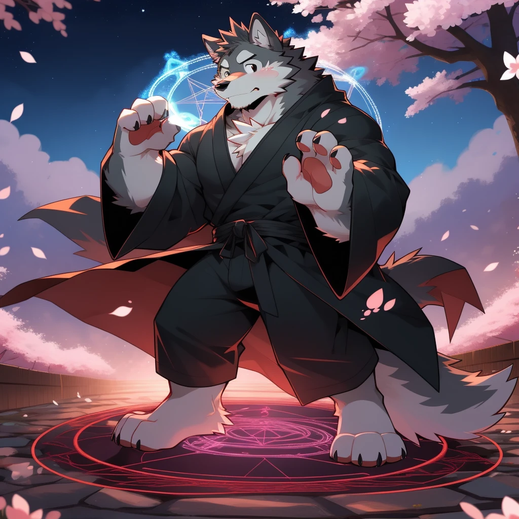 Scribble Wolf face,Cute face,Humanity(Wolf),(Black robe:1.3),Muscular,(Black eyebrows:1.1),(Perfect black eyes),（artist:Takemoto Arashi）,(Bulging buttocks),(black sexy underwear)，Cherry blossoms，Night Sky，Wolf尾巴，Furry Paws，(Magic Circle:1.2)，cry。