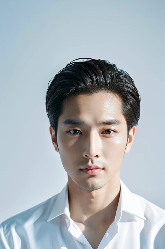 4K camera, perfect face, perfect skin, Korean man, white shirt, 30 years old, actor, pure white background 