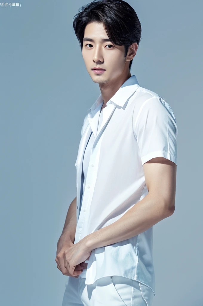 4K camera, perfect face, perfect skin, Korean man, white shirt, 30 years old, actor, pure white background 