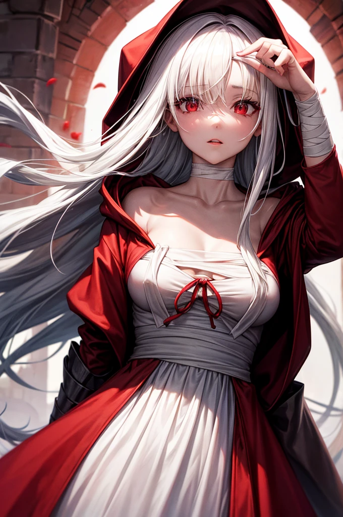 1girl, red_eyes, breasts, hood, bandages, solo, looking_at_viewer, bandaged_neck, cloak, white_hair, upper_body, red_cloak, bandaged_head, hooded_cloak, collarbone, medium_breasts, glowing_eyes, lips, glowing, parted_lips, blood, hood_up, open_clothes, long_hair