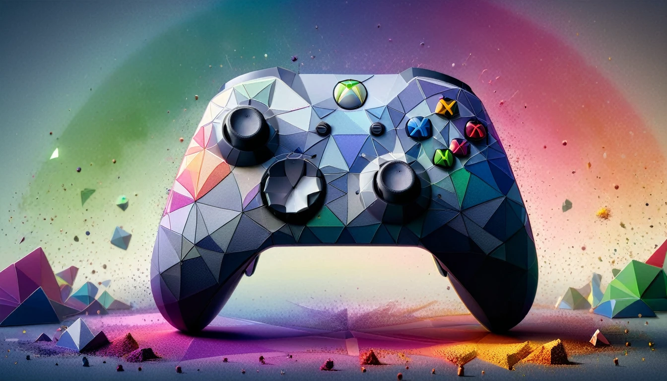 a photo shot of a xbox controller,ral-polygon,rainbow colored dust in the background,masterpiece,high quality,