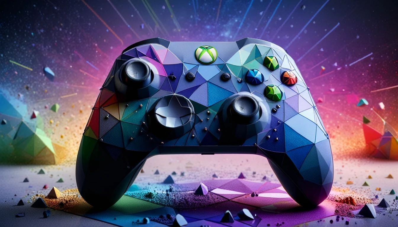 a photo shot of a xbox controller,ral-polygon,rainbow colored dust in the background,masterpiece,high quality,