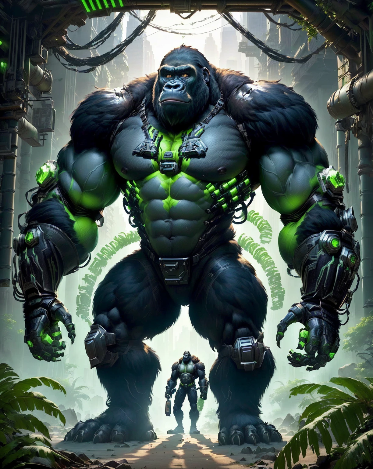 Gorilla feature, Winston the ape in Overwatch, the Internet monkey in the sci-fi forest, Big guy, King Kong, Wojtekvoss, muscular in armor, big guy, in the style of primitive apes, with a little green overall, epic video game art, King Kong Rage on the street, roland zilvinskis 3d rendering art