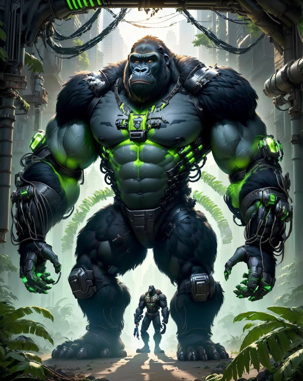 Gorilla feature, Winston the ape in Overwatch, the Internet monkey in the sci-fi forest, Big guy, King Kong, Wojtekvoss, muscular in armor, big guy, in the style of primitive apes, with a little green overall, epic video game art, King Kong Rage on the street, roland zilvinskis 3d rendering art