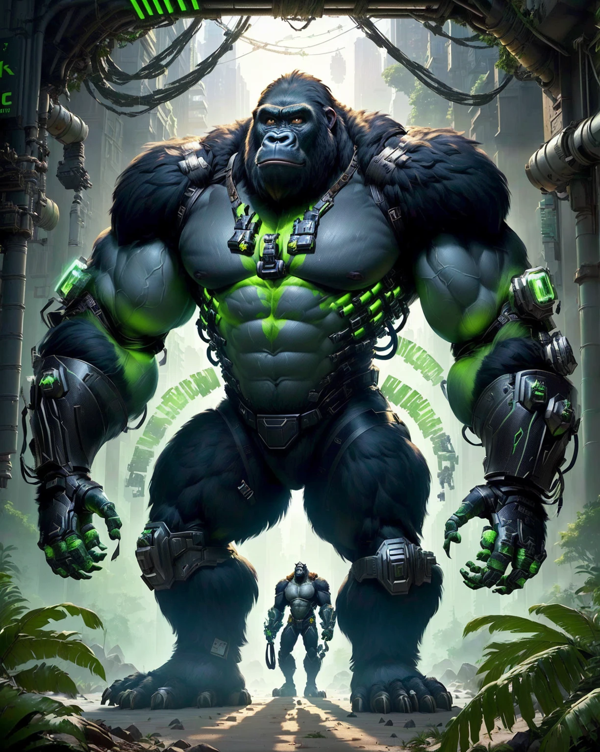 Gorilla feature, Winston the ape in Overwatch, the Internet monkey in the sci-fi forest, Big guy, King Kong, Wojtekvoss, muscular in armor, big guy, in the style of primitive apes, with a little green overall, epic video game art, King Kong Rage on the street, roland zilvinskis 3d rendering art