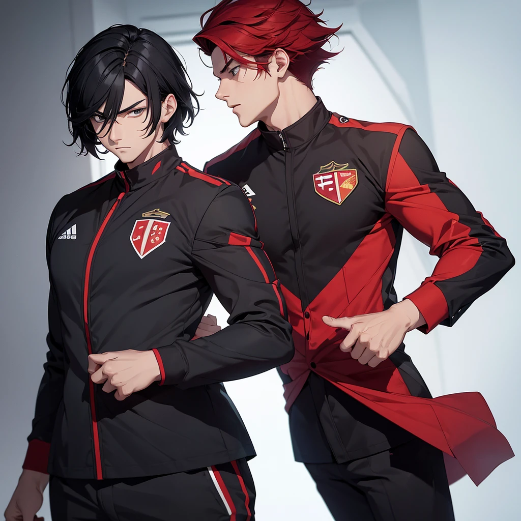 Two handsome boy glaring at eachother one with black hair and uniform and other with red hair in sport suit as they are rivals hense there's a tension between them . Everyone looking at them