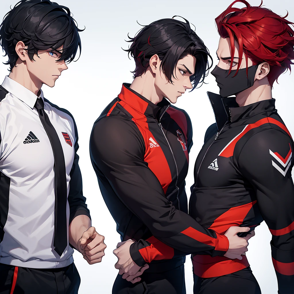 Two handsome boy glaring at eachother one with black hair and uniform and other with red hair in sport suit as they are rivals hense there's a tension between them . Everyone looking at them