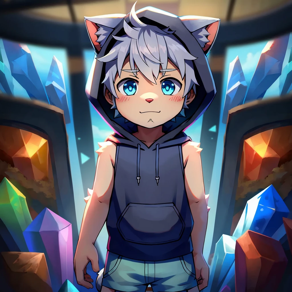 high resolution, masterpiece, Best quality,High quality illustrations, best quality, hairy, Boys, Shota, Cat Boy，White fur，Crystal blue eyes，单hairy尾巴，Gray hair，Short and delicate hair, Sleeveless Hoodie, Ultra HD