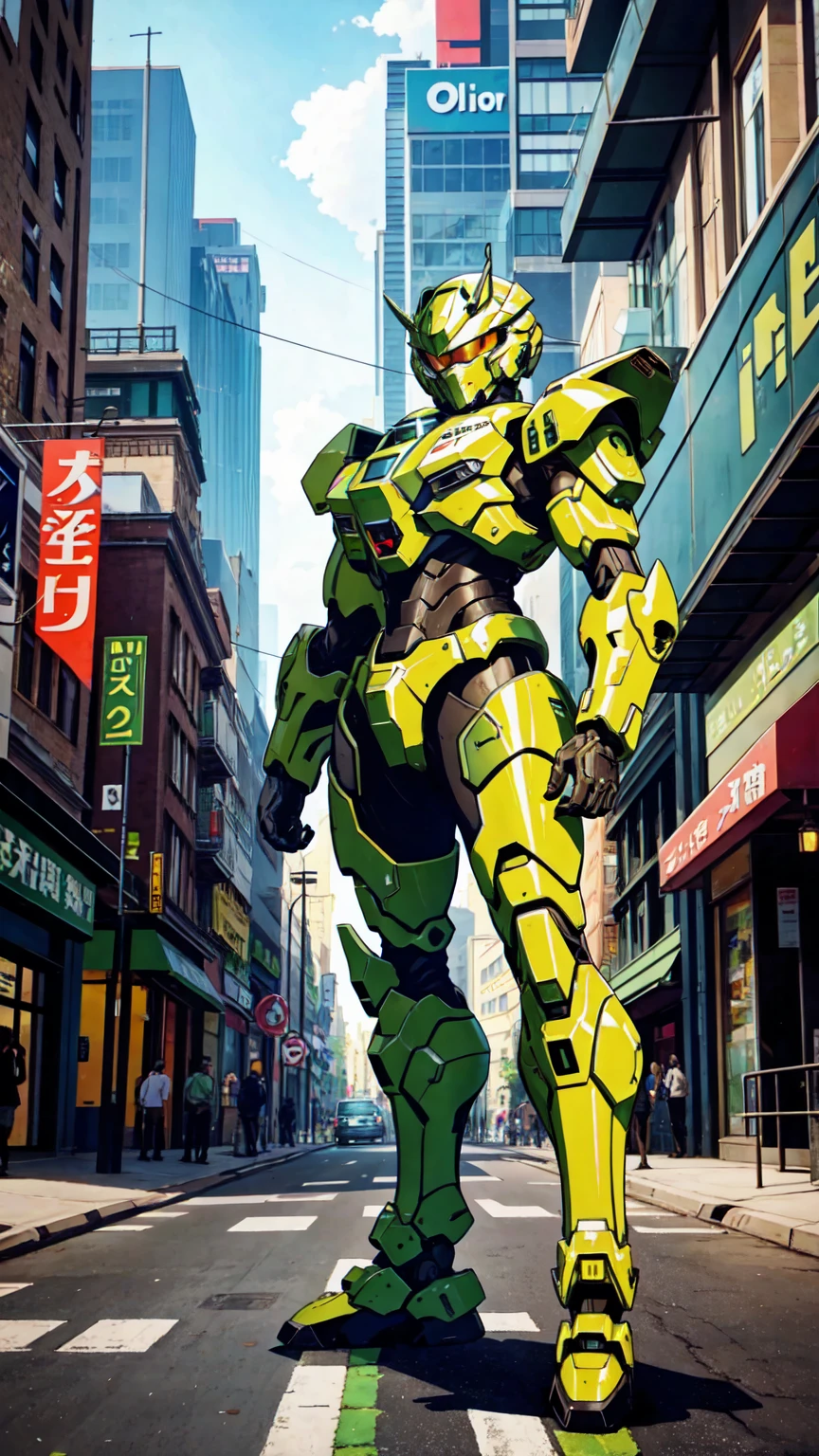 Oliv green Mecha, standing in the City Street