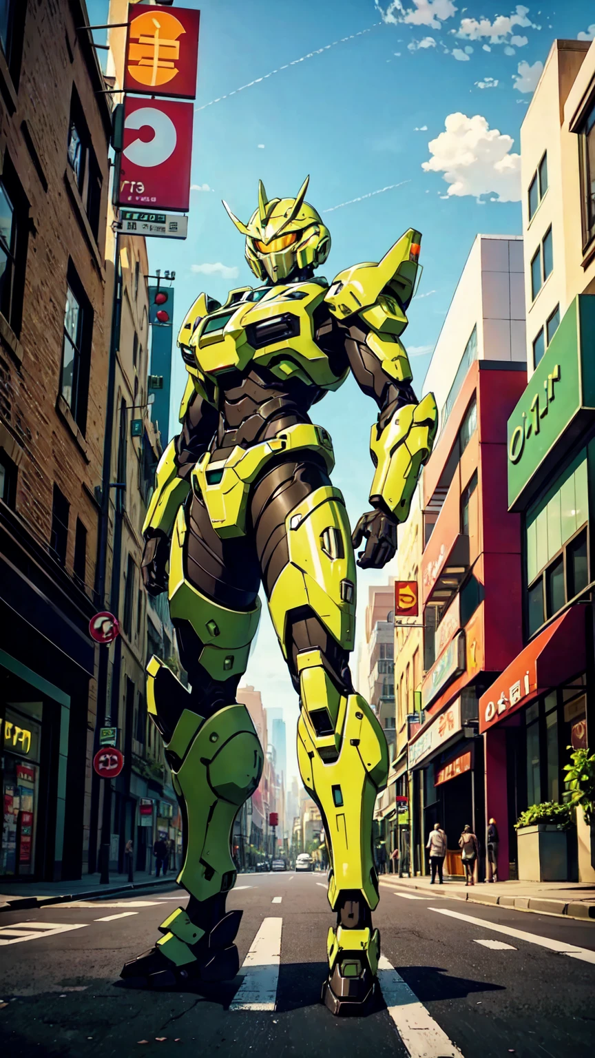 Oliv green Mecha, standing in the City Street