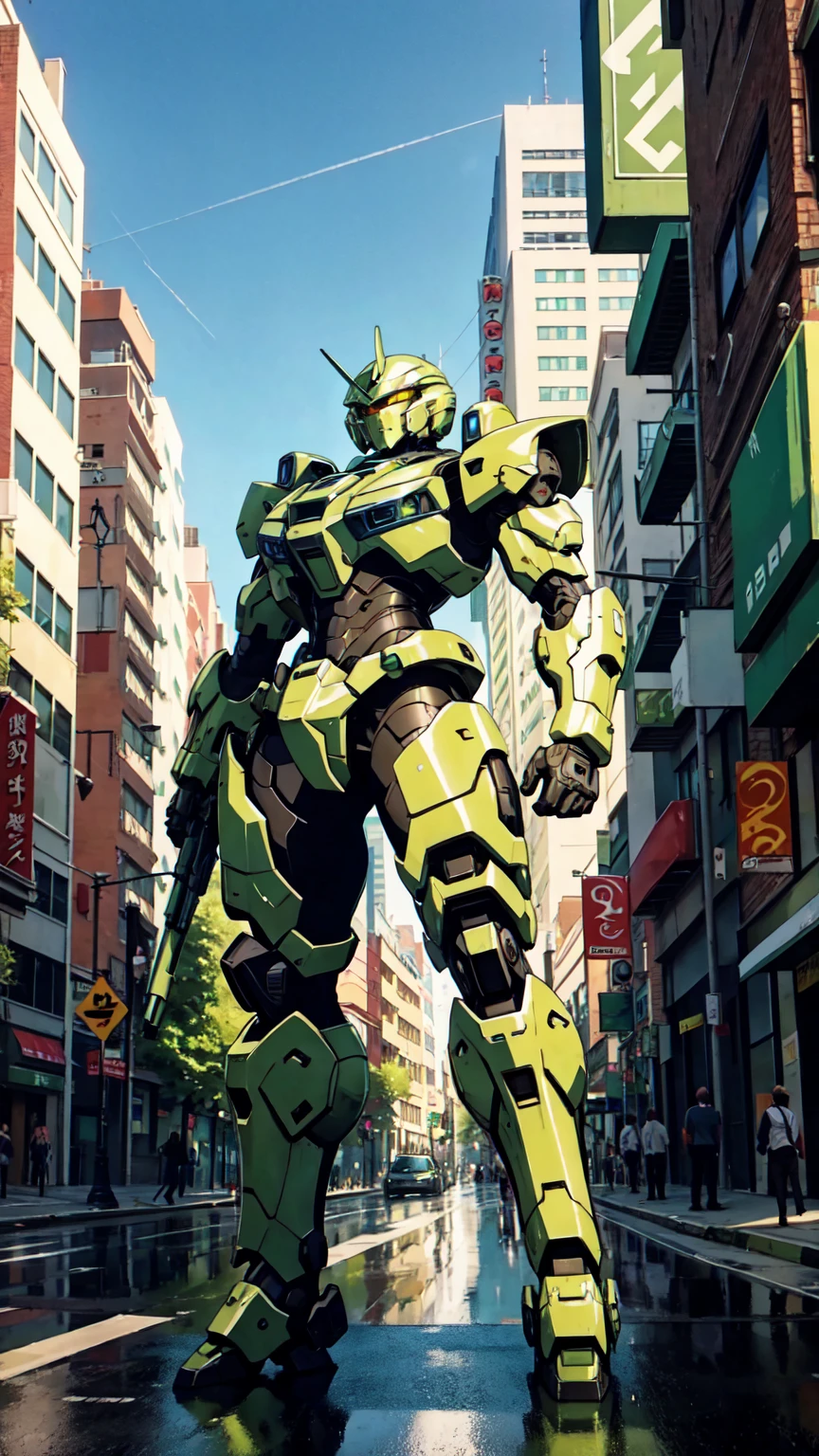 Oliv green Mecha, standing in the City Street