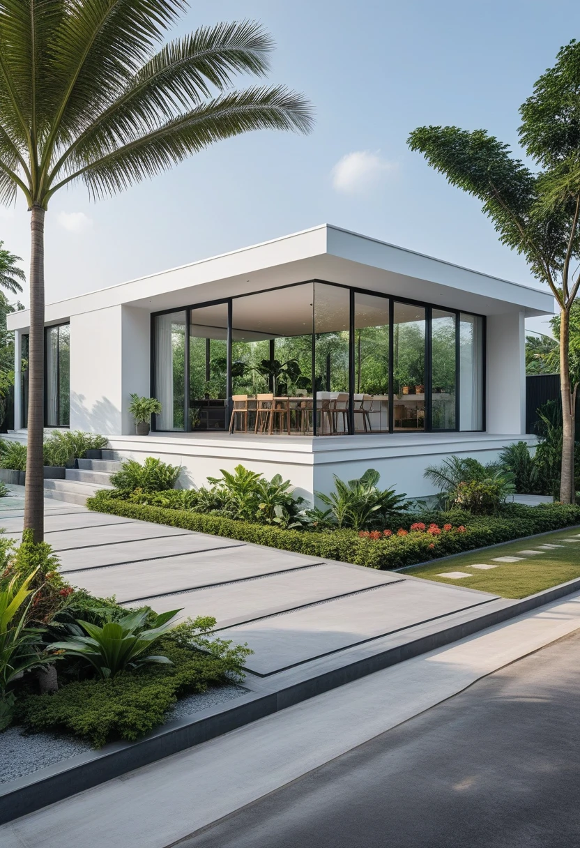 A hyper-realistic image of a modern one-story house with a minimalist design ,((with a facade less than 4 meters wide:1.2)), white and glass materials. The house has a flat roof, large floor-to-ceiling glass windows, The garden includes various tropical plants and trees. (house as the showroom mini furniture:1.2)