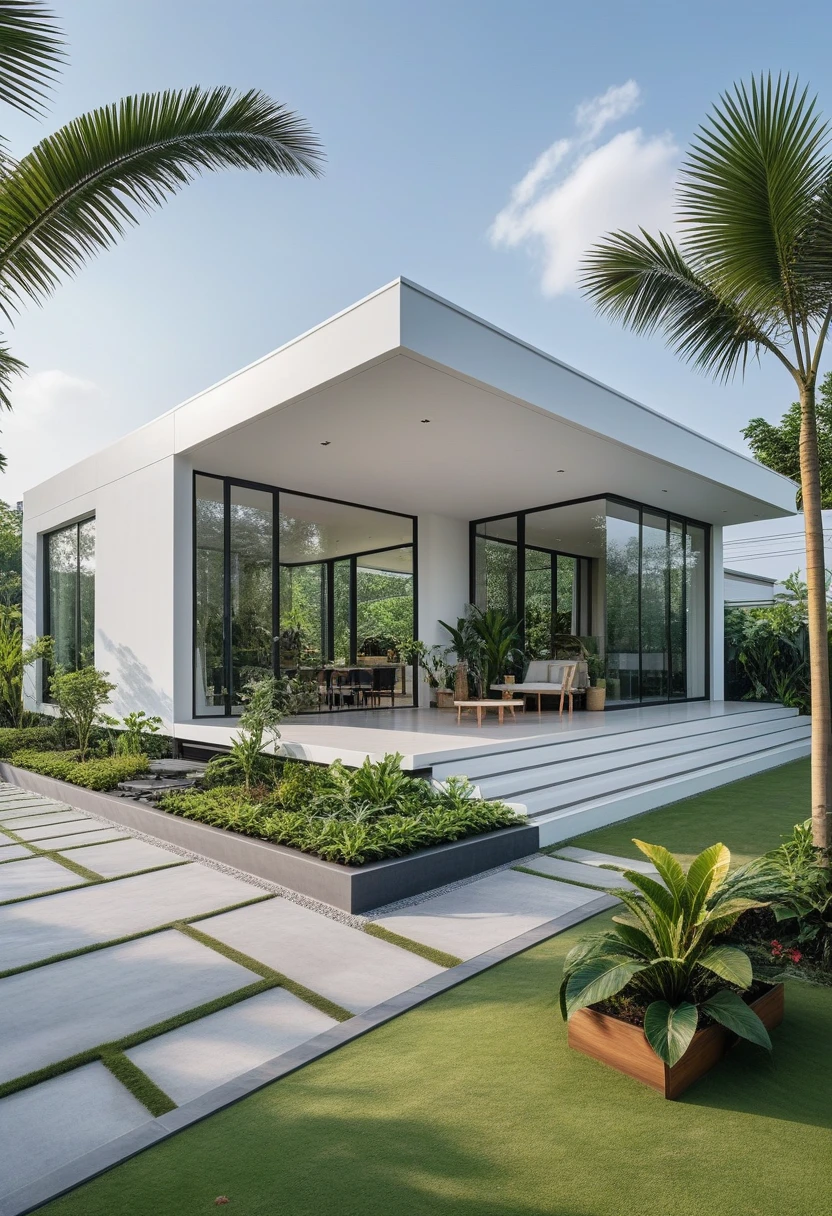 A hyper-realistic image of a modern one-story house with a minimalist design ,((with a facade less than 4 meters wide:1.2)), white and glass materials. The house has a flat roof, large floor-to-ceiling glass windows, The garden includes various tropical plants and trees. (house as the showroom mini furniture:1.2)