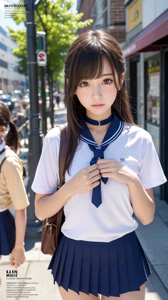 Analog Style, RAWphotograph, photograph, Surreal, アマチュアphotograph撮影 , Aesthetic artwork, ((Magazine Cover、large text)), On the city streets, Detailed skin, Detailed natural raw light, Very detailedな, Cinematic, Highest quality, Very detailedな, Very detailed, grain, noise, Heading, stylish, font, Memorable、A boyish and healthy beautiful girl,((Flowing sweat)) Beautiful Eyes, Realistic eyes, Beautiful details in the eyes, (Realistic Skin),Japanese Idols、short hair、(((high school girl)))、(((Short skirt))),choker , (((High School Uniform)))