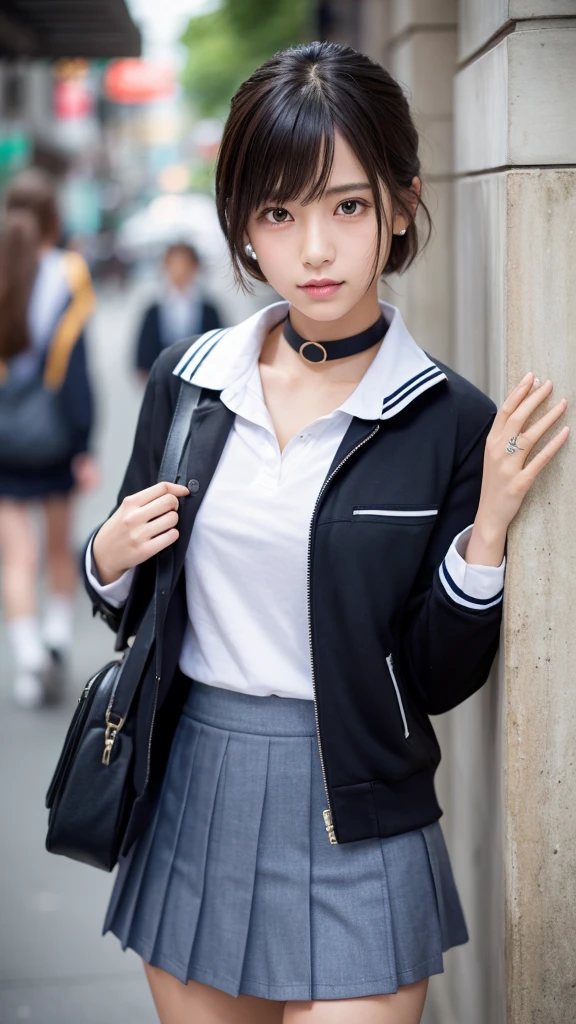 Analog Style, RAWphotograph, photograph, Surreal, アマチュアphotograph撮影 , Aesthetic artwork, ((Magazine Cover、large text)), On the city streets, Detailed skin, Detailed natural raw light, Very detailedな, Cinematic, Highest quality, Very detailedな, Very detailed, grain, noise, Heading, stylish, font, Memorable、A boyish and healthy beautiful girl,((Flowing sweat)) Beautiful Eyes, Realistic eyes, Beautiful details in the eyes, (Realistic Skin),Japanese Idols、short hair、(((high school girl)))、(((Short skirt))),choker , (((High School Uniform)))