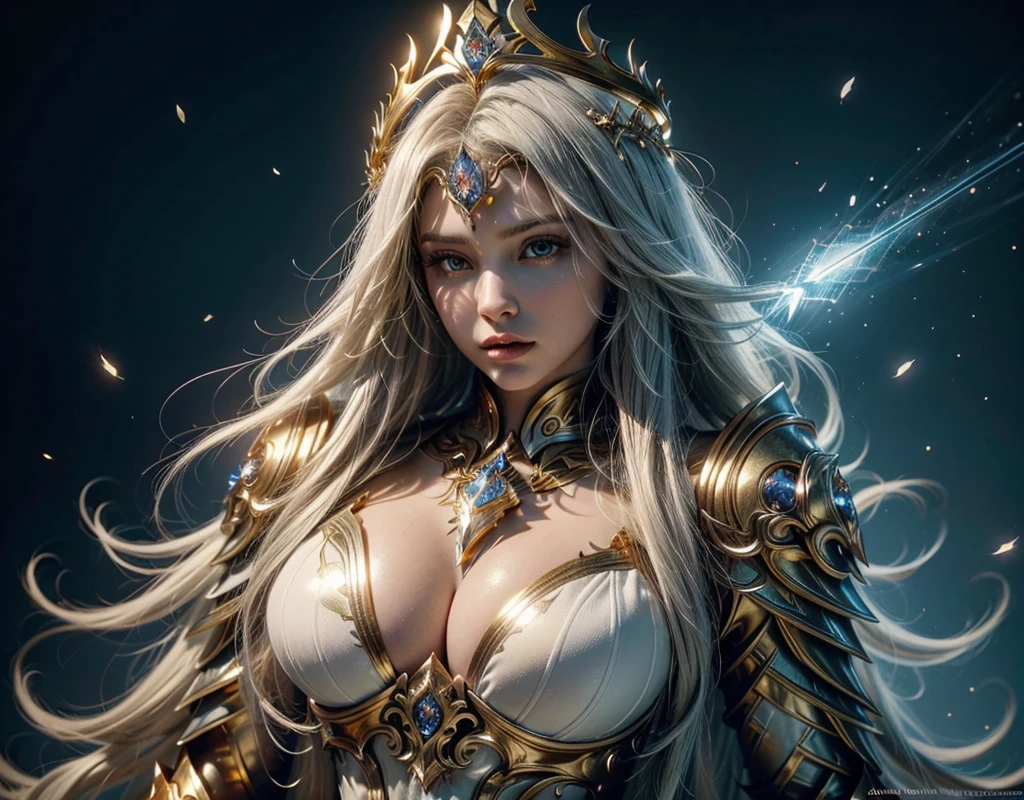  She's facing me staring at me. In a clear day forest, there is a woman highlighting her remains of her raspy feathers. A goddess with long white hair, ultra detailed eyes, gold crown with large magic crystal in the white shiny center, wearing a blue costume of paladin powers, futuristic. Templar Armor with Fine Gold Accents, Details:1.2) 4K ultra-HD, digital SLR, soft lighting, high quality,