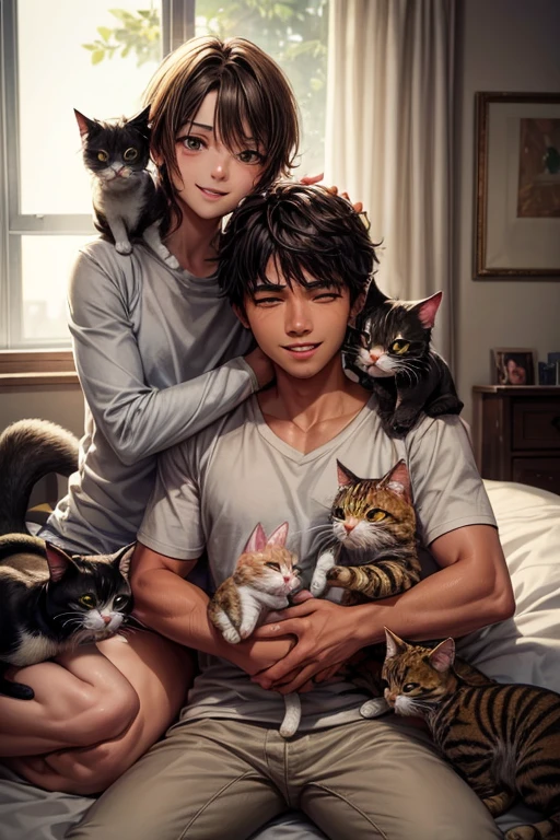 One young man and three little cats,Three cats,A young man surrounded by little cats,A refreshing young man,Amazingly gentle smile,Mouth wide open,Cats surround the screen,Cat smiles too,In the room,On the bed