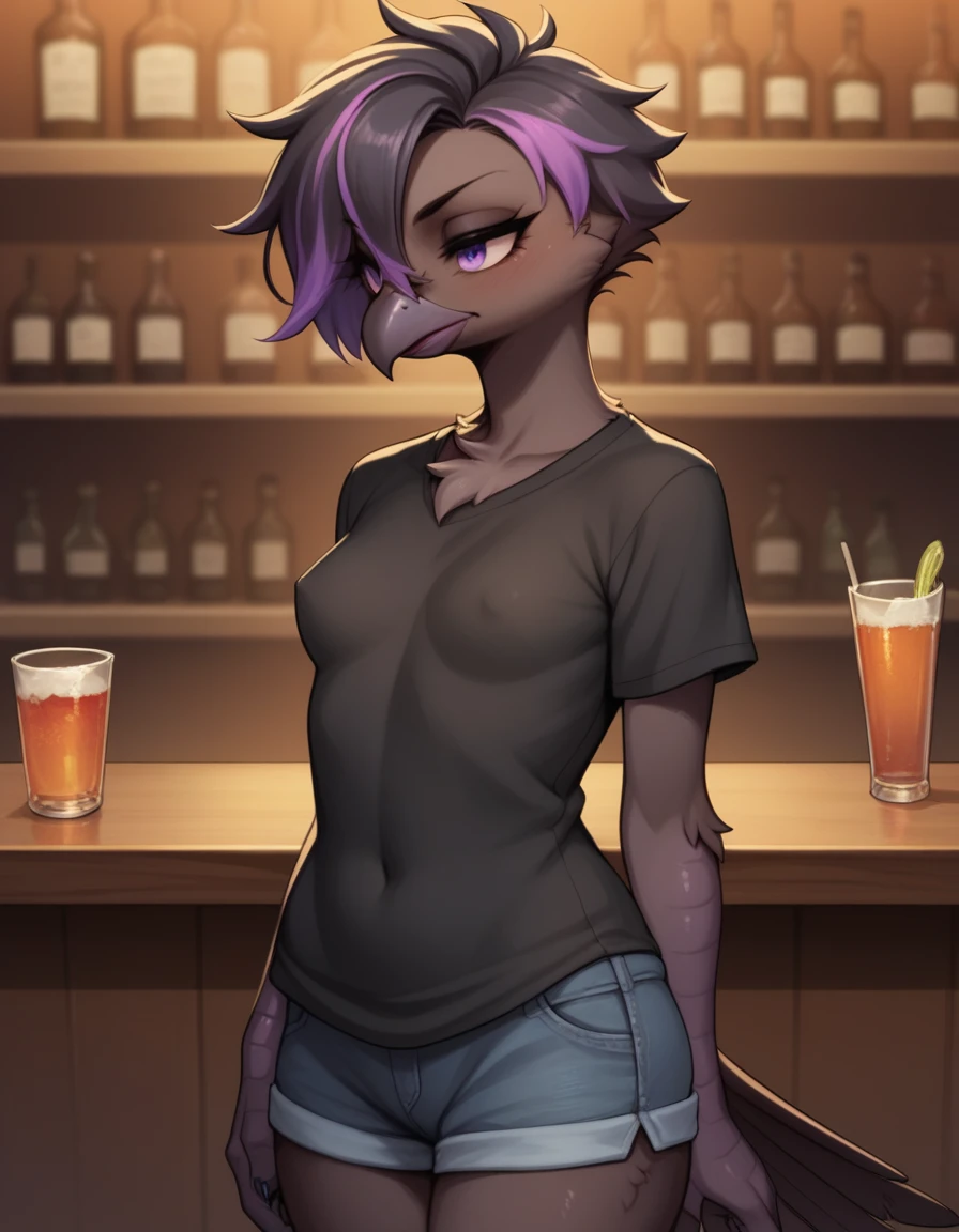 score_9, score_8_up, score_7_up, sera, kemono style, Anthro black avian, puffed up feathered chest fluff, purple eyes, tall slender body, small breasts , black hair with purple highlights, female, wearing black t shirt, in a bar, she is the bartender, standing behind the bar counter, bar counter is in front of her. hands on the counter, grinning, leaning on the counter