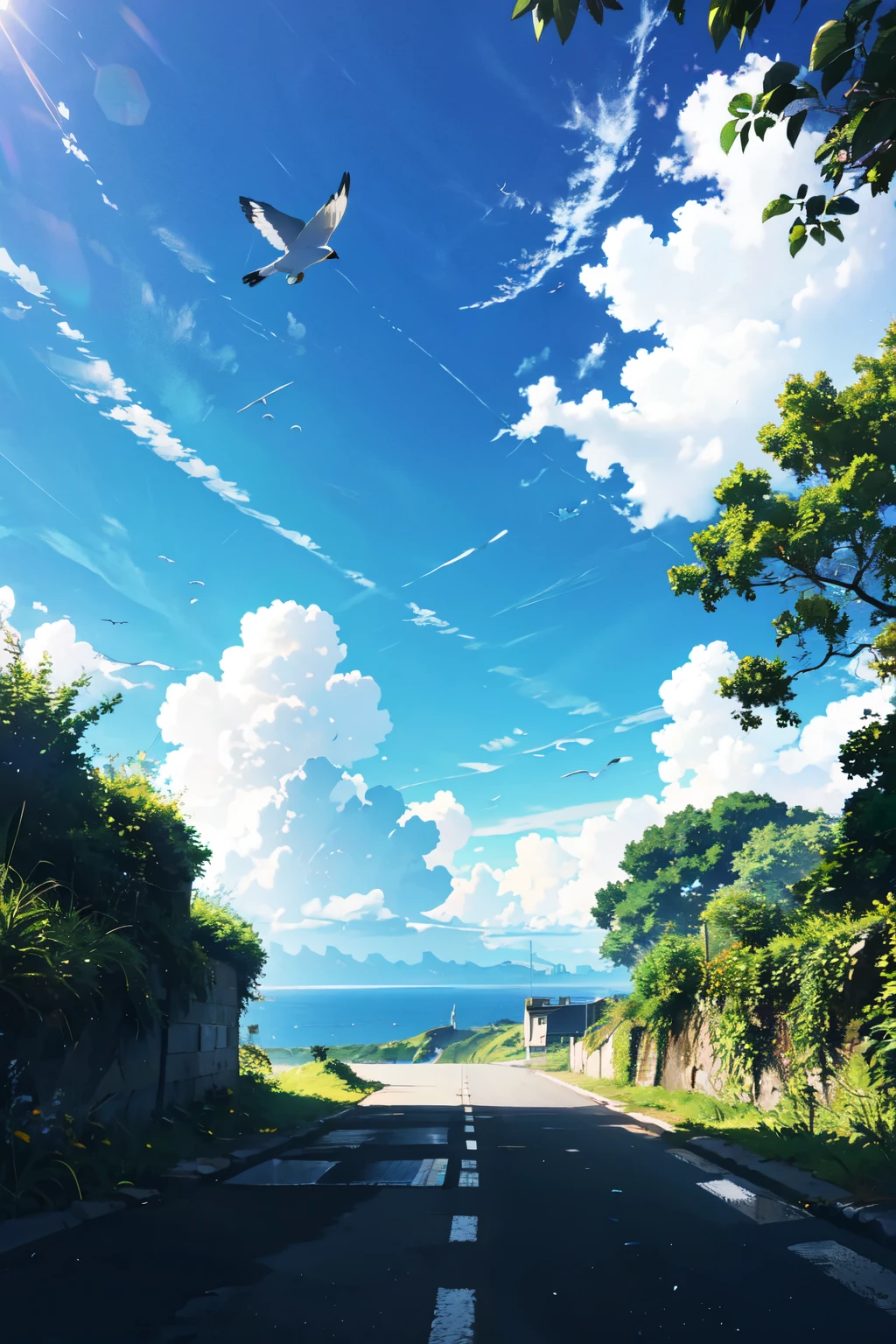 Blue sky,White Cloud,birds in the distance,Sea,Great prospects,Vision,A woman walks along the path towards the Sea,A bird flies overhead,The road is lined with green plants