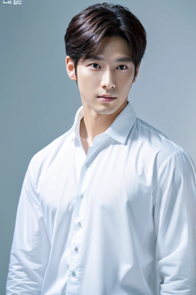 4K camera, perfect face, perfect skin, Korean man, white shirt, 30 years old, actor, pure white background