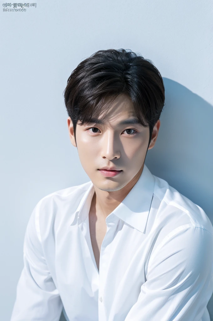 4K camera, perfect face, perfect skin, Korean man, white shirt, 30 years old, actor, pure white background
