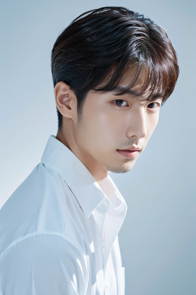 4K camera, perfect face, perfect skin, Korean man, white shirt, 30 years old, actor, pure white background 