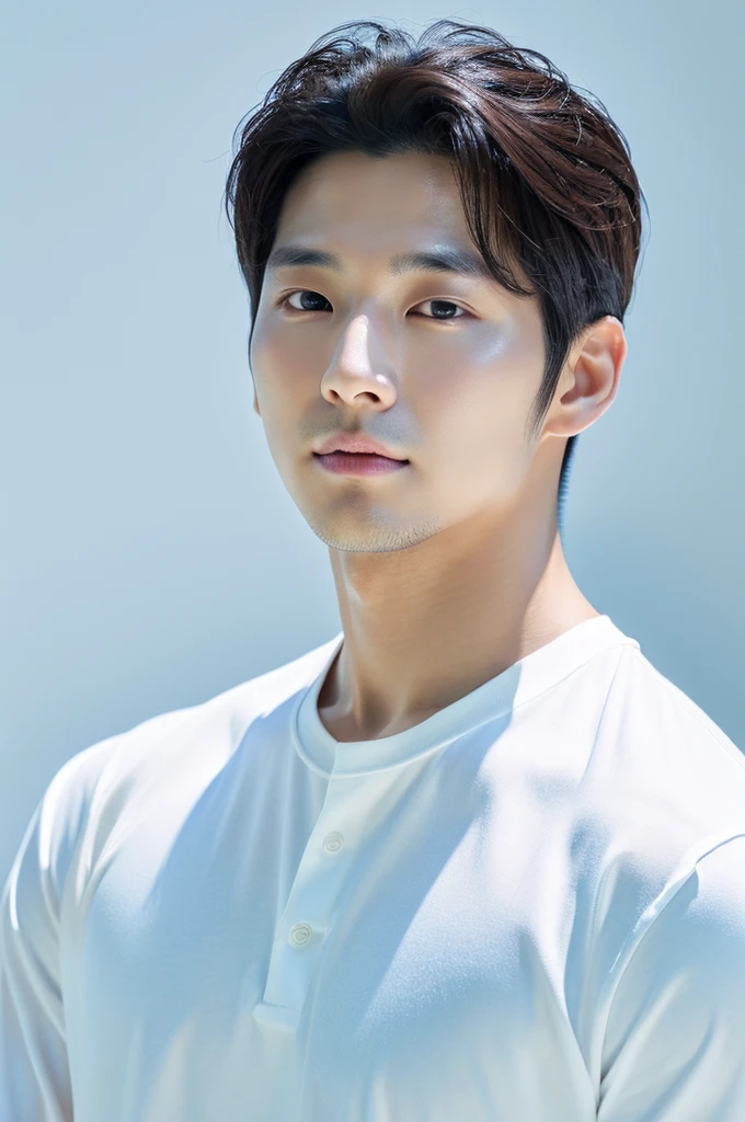 4K camera, perfect face, perfect skin, Korean man, white shirt, 30 years old, actor, pure white background